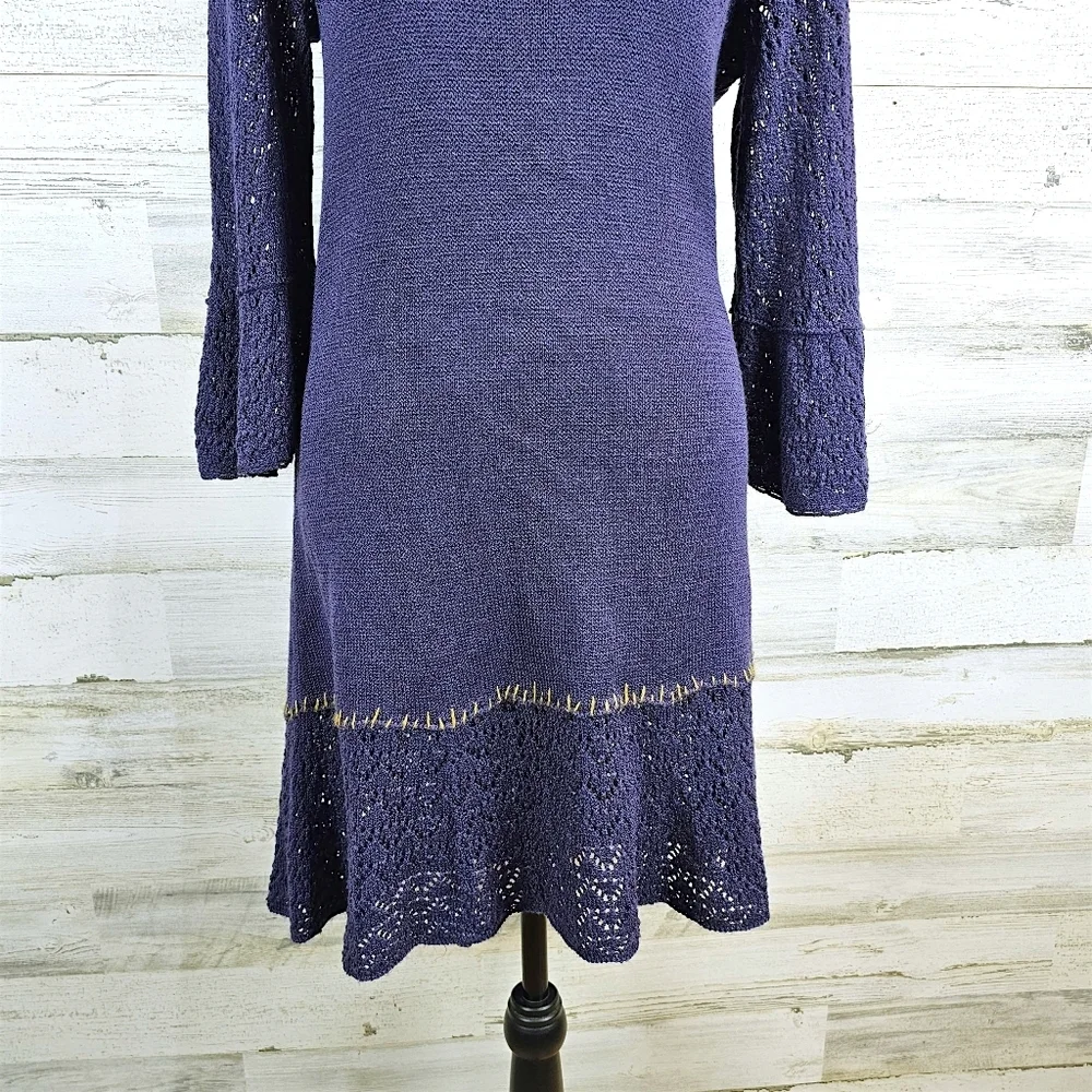 Free People Crochet Knit Flare Sleeve Mini Dress S Purple Boho Romantic Fairy